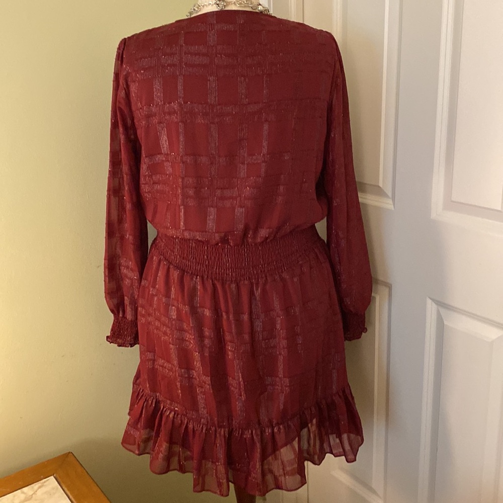 Michael Kors NWOT burgundy silver metallic ruffled long sleeve holiday dress - Picture 3 of 16